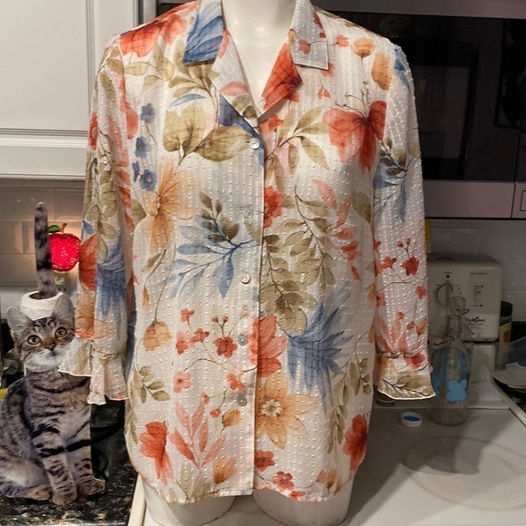 Z womens Alfred Dunner floral sheer 3/4 tulip sleeve button up top size 14 - Picture 1 of 4